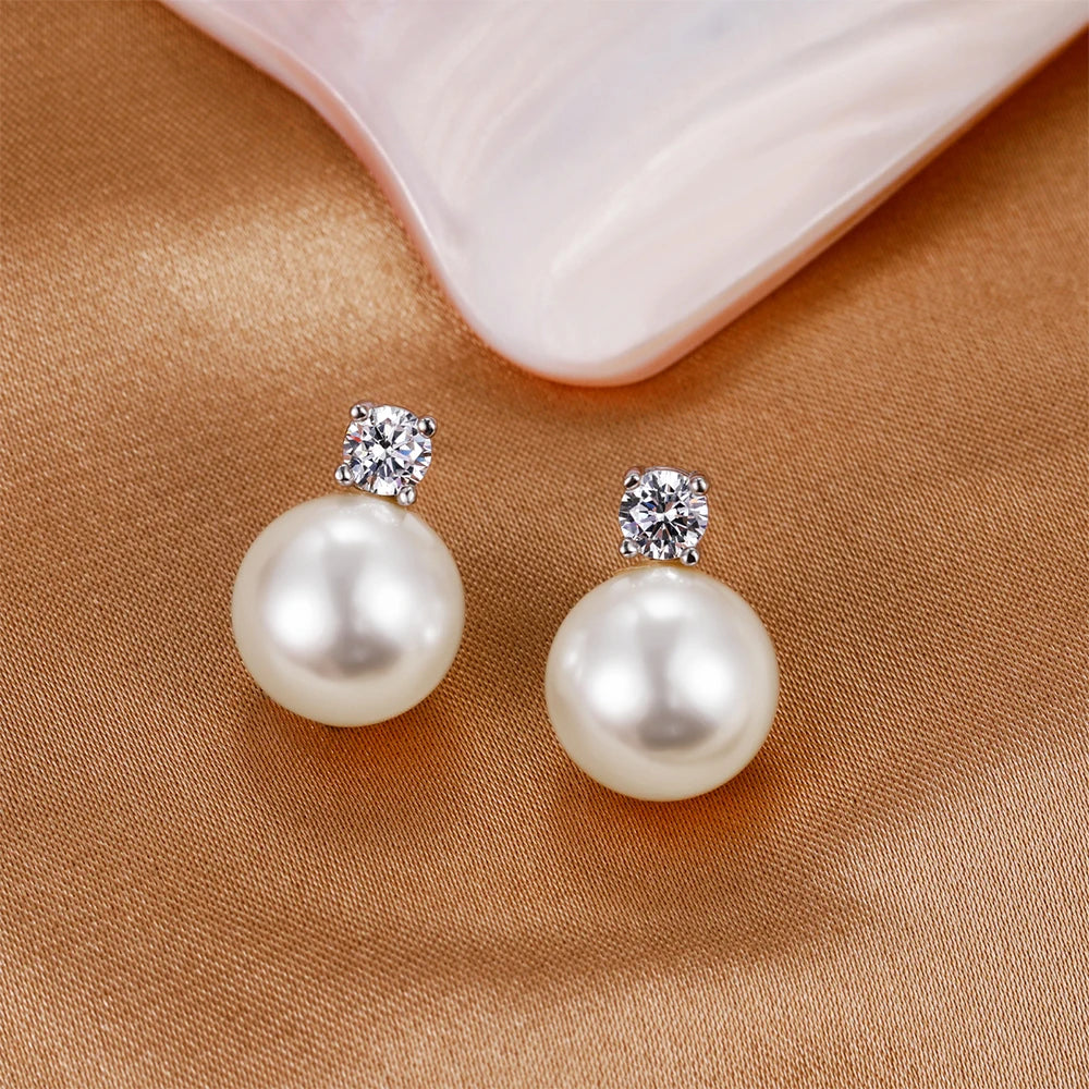 Trumium 10/12mm S925 Sterling Silver White Pearl Earrings for Women Zircon Stud Earring Fashion Jewelry Sweet Accessories