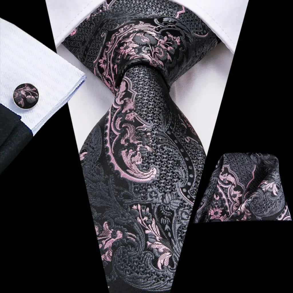 Hi-Tie Black Floral Silk Wedding Tie For Men Handky Cufflink Elegant Necktie For Men Fashion Designer Business Party Dropshiping