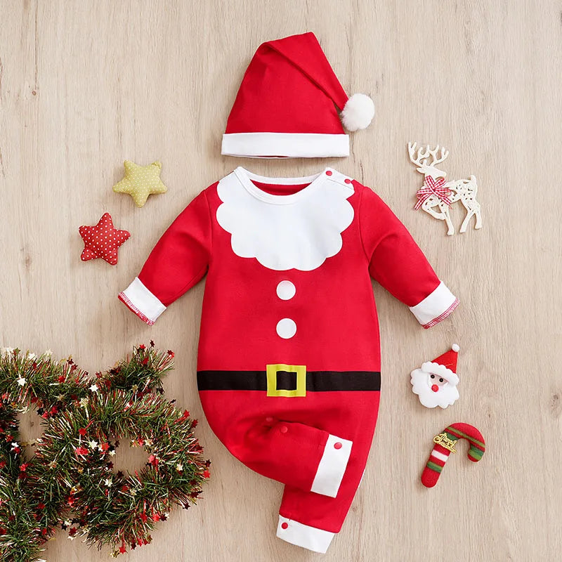 Newborn Boys And Girls Casual Comfortable Contrasting Cute Cartoon Santa Claus Spring And Autumn Long Sleeved Baby Jumpsuit