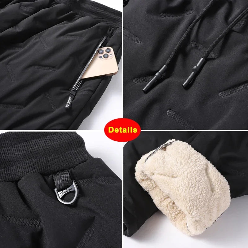 Winterhose aus Baumwolle mit Daunenfüllung für Herren, lässig, wasserdicht, mit Reißverschlusstasche, dicke Wolle, warme Hose, Jogger, Outdoor, kältebeständige Skihose, 7XL