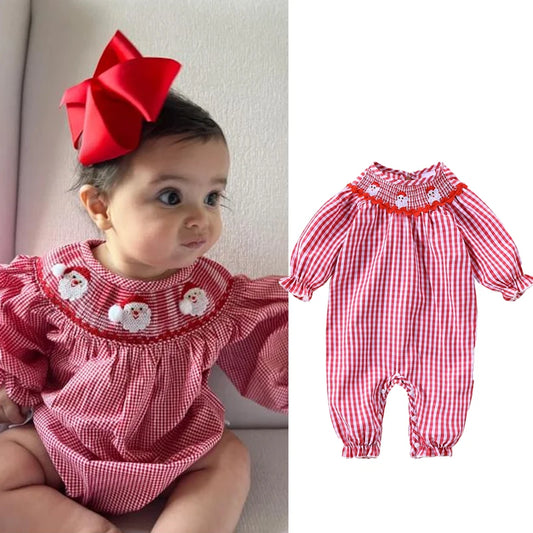 FOCUSNORM 0-18M Autumn Baby Girls Christmas Cute Romper Santa Embroidery Collar Plaid Print Long Sleeve Full Length Jumpsuit