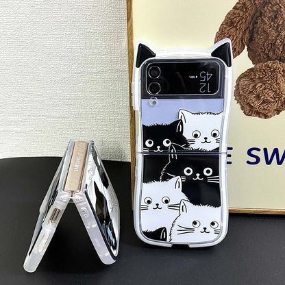 Cartoon Cat Ears Leather Wrist Strap Case For Samsung Galaxy Z Flip 6 5 Flip 4 3 Hand Rope Cute Ins Bracelet Shockproof Cover