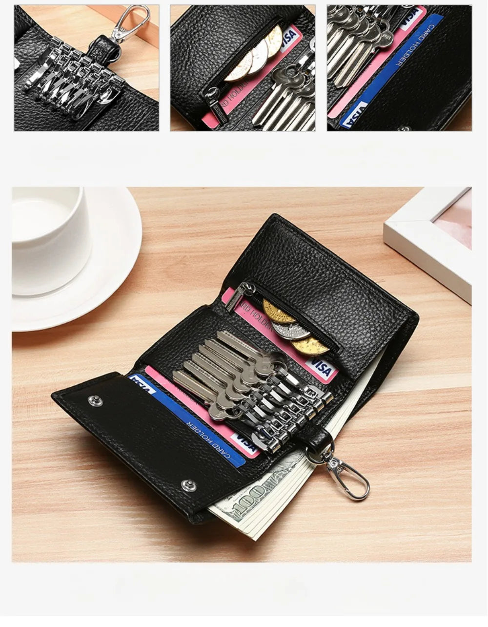 New Key Holder Wallet Genuine Leather Unisex Solid Key Wallet Organizer Bag Car Housekeeper Wallet Card Holder Keychain Leather