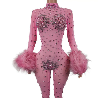 Shiny Pink Mesh Transparent Jumpsuit Sexy Hairy Designe Birthday Outfit Singer Dancer Performance Costume Stage Wear Guibin