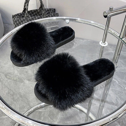 New Woman Slippers Winter Simple Word Fur Flats Soft Home Women Slippers Faux Fur Warm Bedroom Leisure Female Shoes