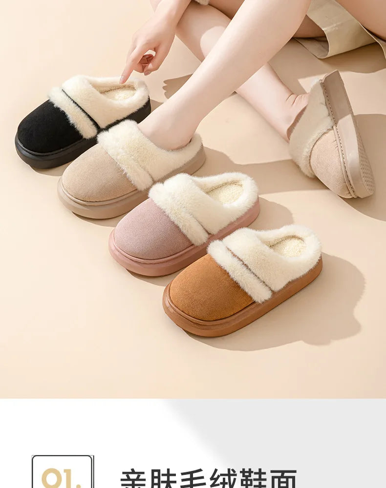 Comwarm Winter Plush Slippers For Women Indoor Antiskid Warm Cotton Slippers Fur Fluffy Flat Home Slides Lady Casual Furry Shoes