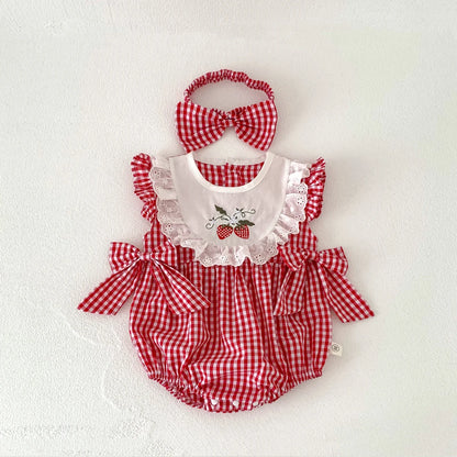 Summer Baby Girls Romper+Headband Newborn Red Plaid Strawberry Embroidery Summer Onesies Clothes Casual and versatile style