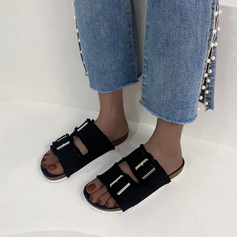 Women's Slippers Flat Bottom Slipper 2023 Summer New Line Slippers Large 43 Denim Leather Buckle Outside Sandals Sandalias