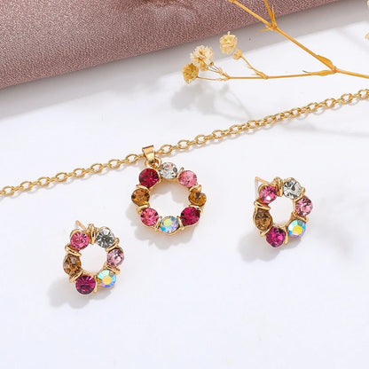 3pcs Gold Necklace Earrings Set Ladies Celebrity Simple Fashion Style Exquisite Stained Glass Diamond Circle Shape Jewelry