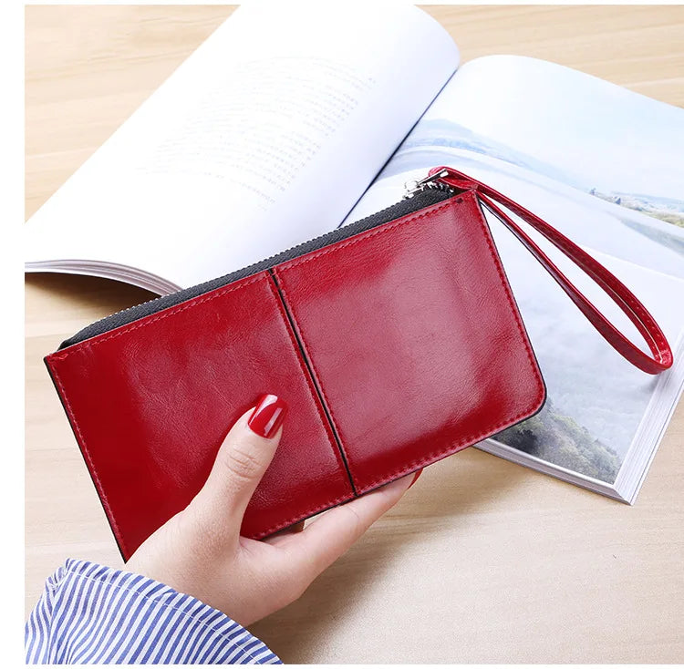 Women's Vintage Oil Wax Leather Zipper Clutch Wallet Female Large Capacity Coin Purse Ladies Wristband Simple Card Holder Wallet