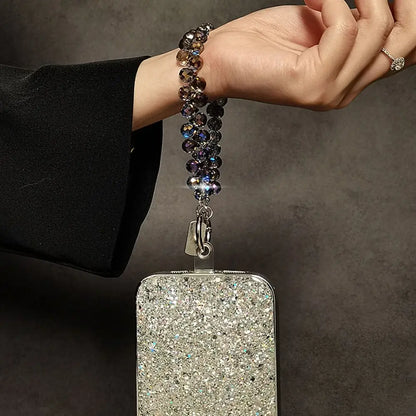 Glitter Beads Hand Wrist Strap Crystal Lanyard for iPhone Huawei Redmi Xiaomi Samsung Phone Charm Ornament Keychain Hang Rope