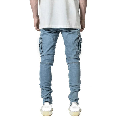 Men Street Elastic Denim Brand Jeans Narrow Legs Multi Pockets Cargo Pants Casual Slim Fit Daily Wear Joggers Mid Waist Trousers