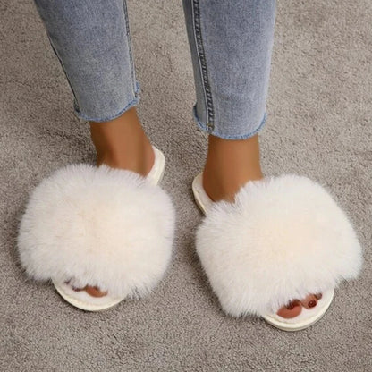 New Woman Slippers Winter Simple Word Fur Flats Soft Home Women Slippers Faux Fur Warm Bedroom Leisure Female Shoes