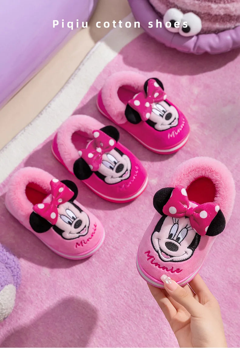 Disney Minnie Children Cotton Slipper Bag Heel Winter Boy Baby Non-slip Hair Mop Indoor Home Shoes Warm Cute Cotton Shoes Winter