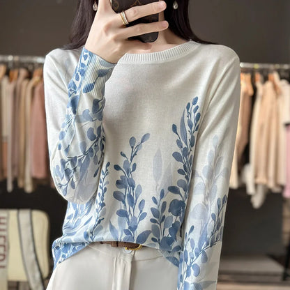 Autumn And Winter New Worsted Wool And Mulberry Silk Printed Round Neck Sweater Fashion Joker Knit Loose Bottoming Shirt Top