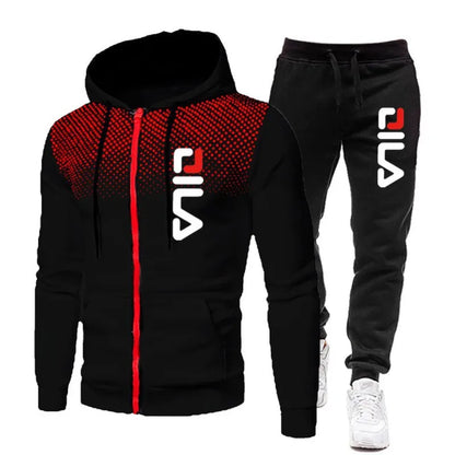 Mens Tracksuits+Sweatpants Two Pieces Suits 2024 Winter Print Zipper Hooded Sweatshirt Casual Fitness Jogging Sports Pants Sets