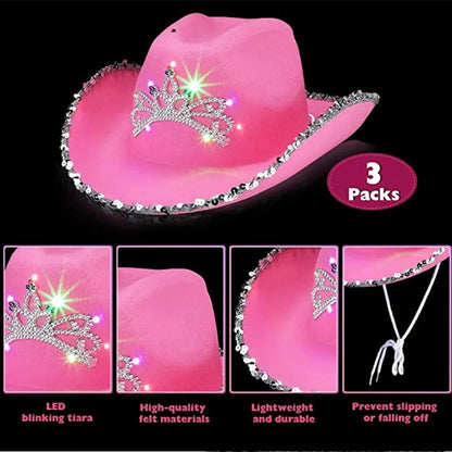 Pink Cowboy Hats for Women Girls Wide Brim Western Hats Y2K Glitter Crown Sequin Feather Caps Cowgirl Party Costume Accessories