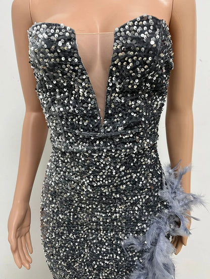 Women Evening Dresses Asymmetrical Shiny Sequins Feather Cocktail Party Dress Sexy Strapless Long Formal Prom Dresses Xiny189