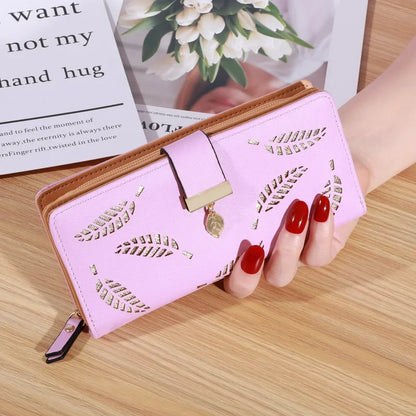 Women Wallet PU Leather Purse Female Long Wallet Gold Hollow Leaves Pouch Handbag For Women Coin Purse Card Holders Clutch