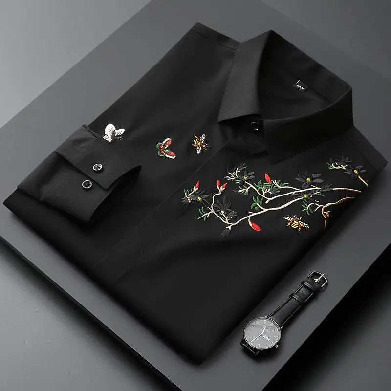 2023 New Spring and Autumn Premium Chinoiserie Embroidery Polo Long Sleeve Slim Fashion Casual Business Men's Versatile Shirt