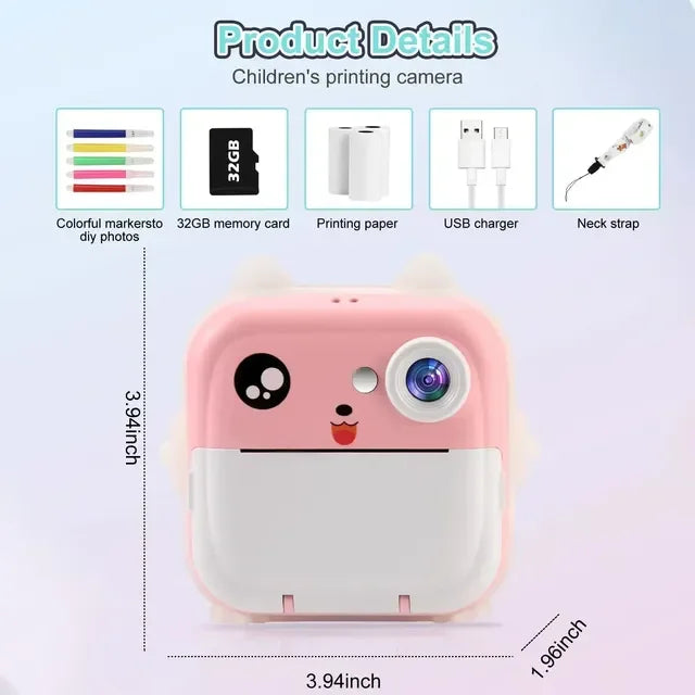 Digital Camera Toys Kids Instant Print Thermal Print Camera Instant Print Photo Video with 32G Memory Card Kids 1080P HD