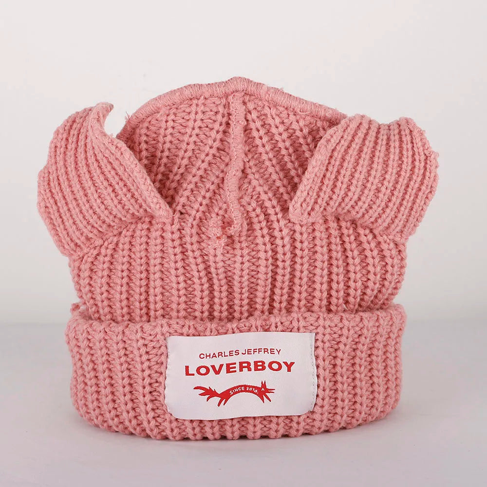 2023 Loverboy Cat Ear Knit Hat solid Warm Pig Ear Woolen Hat Cute Fashion Hooded Cap Niche Design Hip-hop Personality Cold Hat