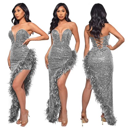 Women Evening Dresses Asymmetrical Shiny Sequins Feather Cocktail Party Dress Sexy Strapless Long Formal Prom Dresses Xiny189