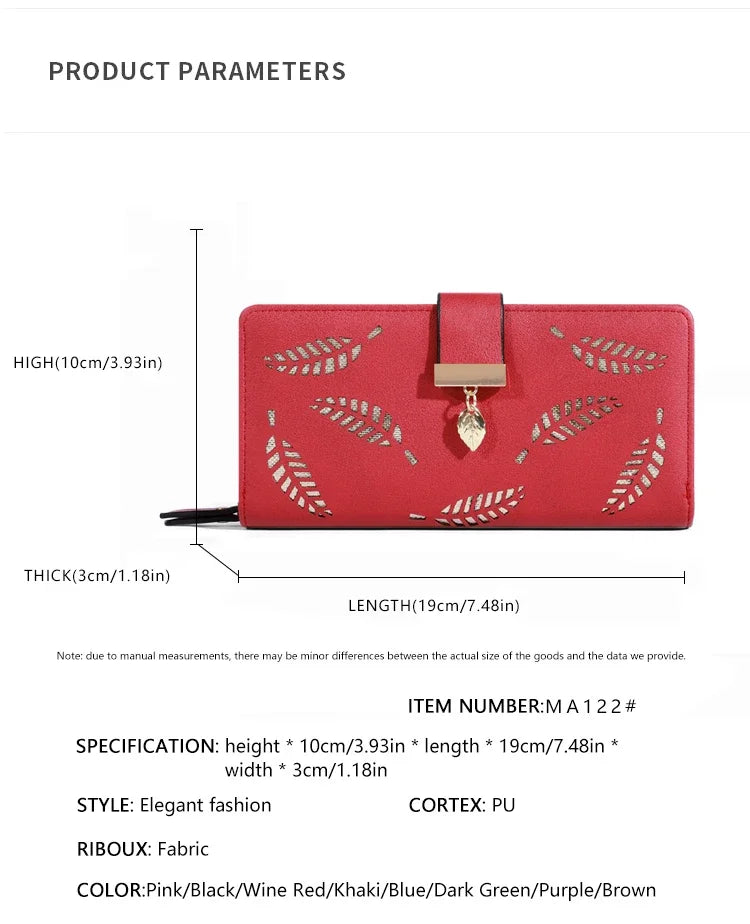 Women Wallet PU Leather Purse Female Long Wallet Gold Hollow Leaves Pouch Handbag For Women Coin Purse Card Holders Clutch