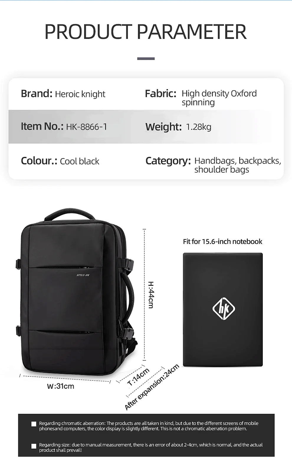 HK Business Backpack for Men Waterproof Anti-Theft 15.6” Laptop Backpack Casual Large Capacity Expandable Travel Bag Short Trip