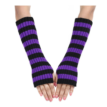 Women's Knitted Fingerless Arm Sleeves Gothic Style Striped Winter Long Arm Warmers Girls Harajuku Y2K Fashion Wrist Gloves