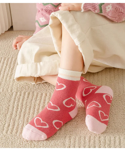 5 Pairs/Lot Kids Soft Cotton Socks Korean Love Heart Flower Print Baby Girl Socks Autumn Winter Warm Children Middle Tube Socks