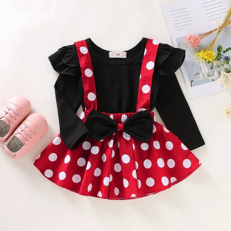 2Pcs/Set Cartoon Polka Dot Baby Girl Evening Dresses Bow Kids Birthday Party Princess Toddler Children Clothes Suit 0 To 4 Years