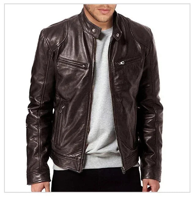 Herren PU Lederjacke Stehkragen Reißverschluss Mantel Jacken Herbst Casual Motorrad PU Jacke Biker Slim Ledermäntel