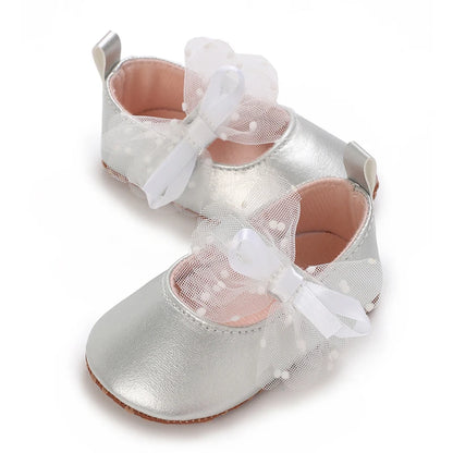 Silver Princess Shoes 0-18M Newborn Casual Shoes Baby Bow Non slip Cloth Bottom Flat Bottom PU Newborn Bow Decoration Mary Janes