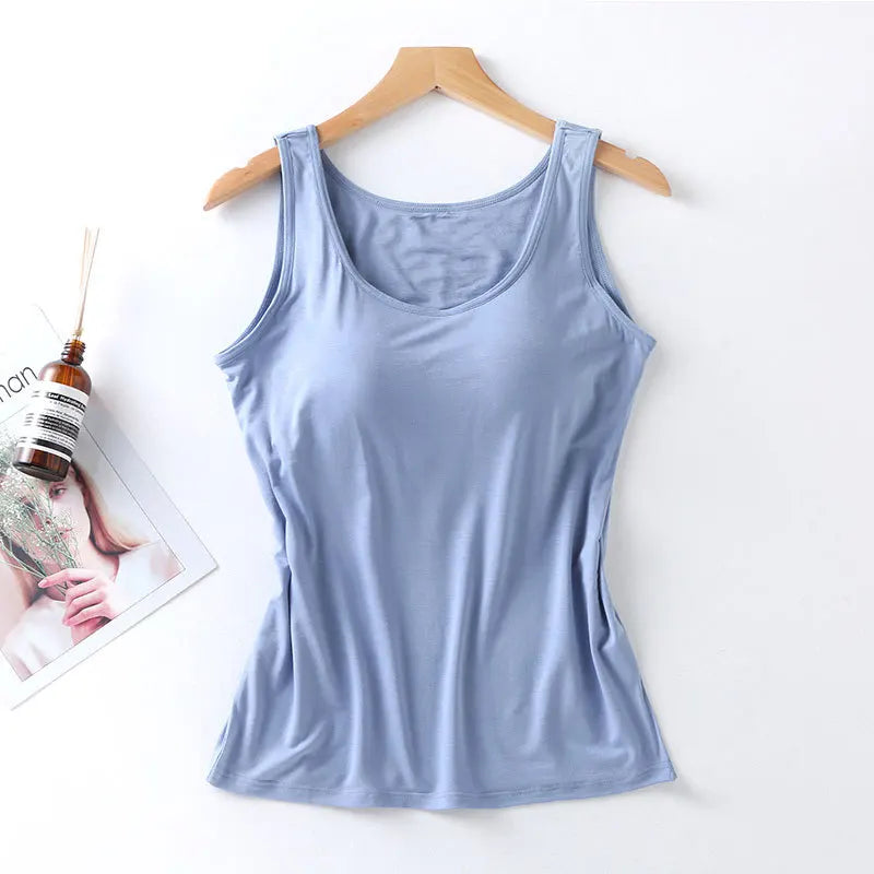 2025 Women's Vest Tops With Built In Bra Neck Vest Padded Slim Fit Tank Tops Sexy Shirts Feminino Casual Underlay shirt slimming