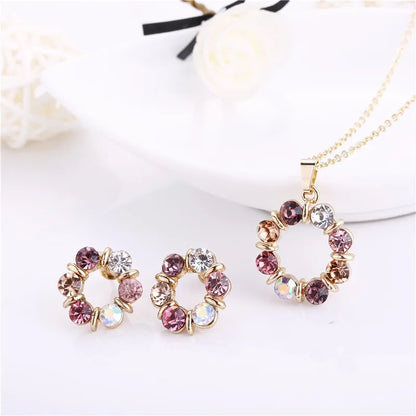 3pcs Gold Necklace Earrings Set Ladies Celebrity Simple Fashion Style Exquisite Stained Glass Diamond Circle Shape Jewelry