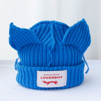 2023 Loverboy Cat Ear Knit Hat solid Warm Pig Ear Woolen Hat Cute Fashion Hooded Cap Niche Design Hip-hop Personality Cold Hat