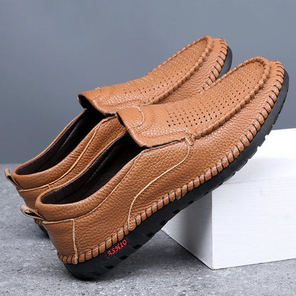 Breathable Genuine Leather Men Shoes Summer Slip On Loafers Men Casual Leather Shoes Blue Flats Hot Sale Driving Shoes Moccasins