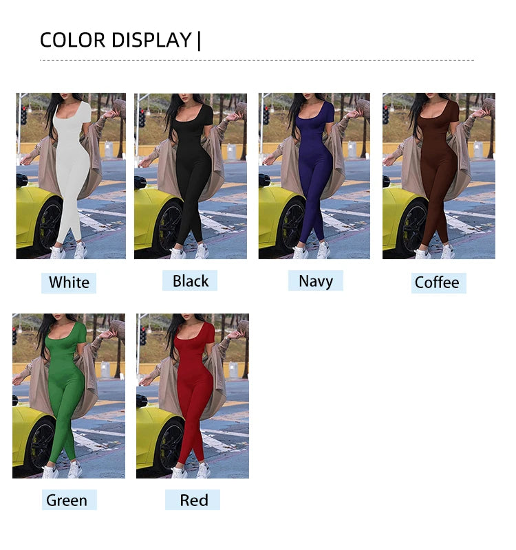 2024 Summer New Women's Round Neck Short Sleeve Slim One Piece Pure Color Yoga Clothing Fitness Jumpsuit