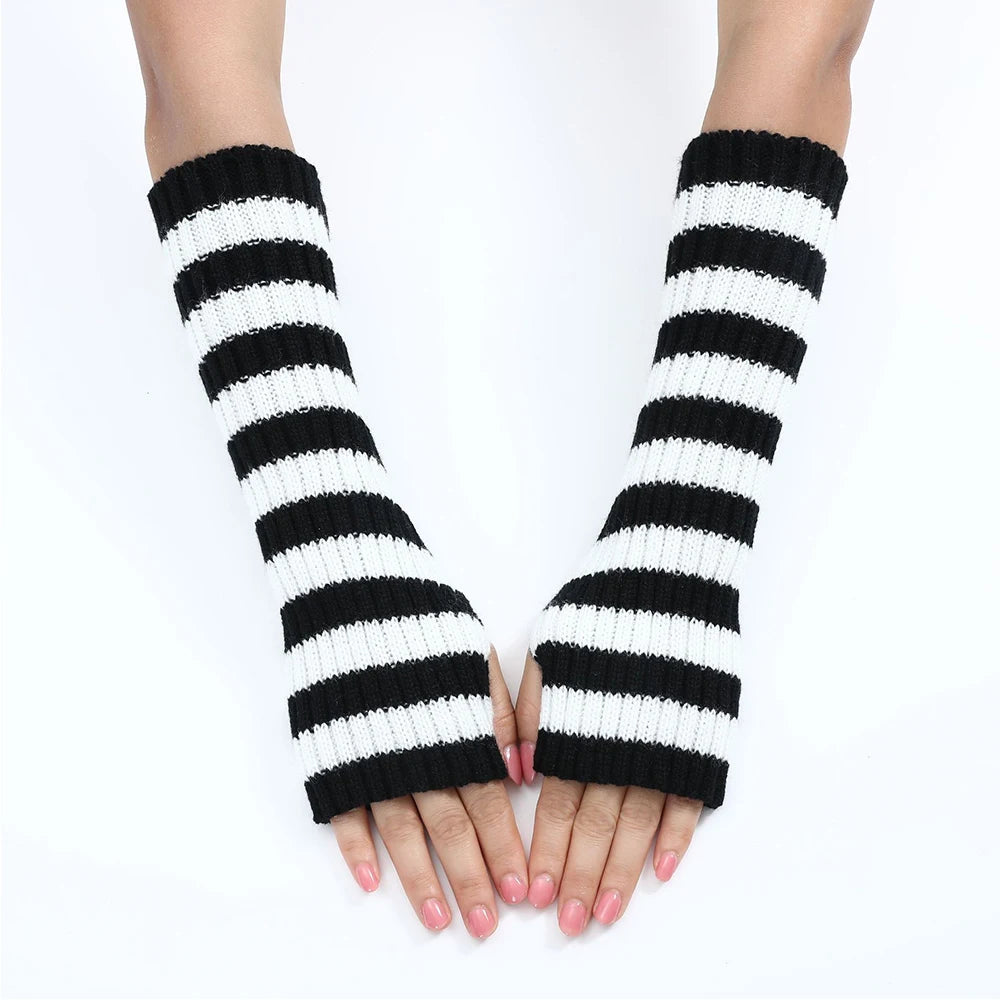 Women's Knitted Fingerless Arm Sleeves Gothic Style Striped Winter Long Arm Warmers Girls Harajuku Y2K Fashion Wrist Gloves