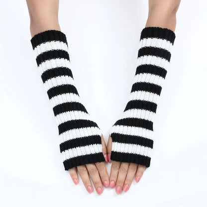 Women's Knitted Fingerless Arm Sleeves Gothic Style Striped Winter Long Arm Warmers Girls Harajuku Y2K Fashion Wrist Gloves