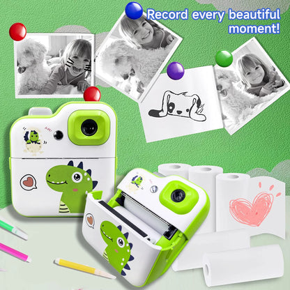 Cartoon Dinosaur Camera Toy Children Digital Camera Instant Thermal Print Camera Photo Printing Camera Video Toy+32G Memory Card