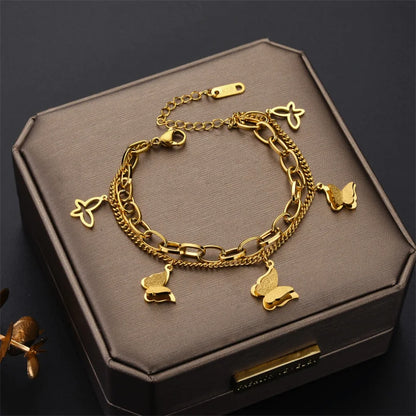 Kuziduocai Statement 316L Stainless Steel New Fashion Jewelry Elegant Style Many Butterflys Charm Thick Chain Bracelet For Women