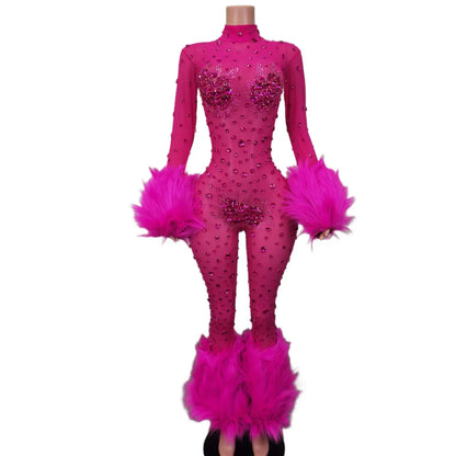 Shiny Pink Mesh Transparent Jumpsuit Sexy Hairy Designe Birthday Outfit Singer Dancer Performance Costume Stage Wear Guibin