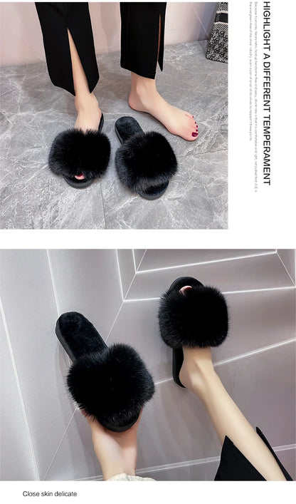 New Woman Slippers Winter Simple Word Fur Flats Soft Home Women Slippers Faux Fur Warm Bedroom Leisure Female Shoes