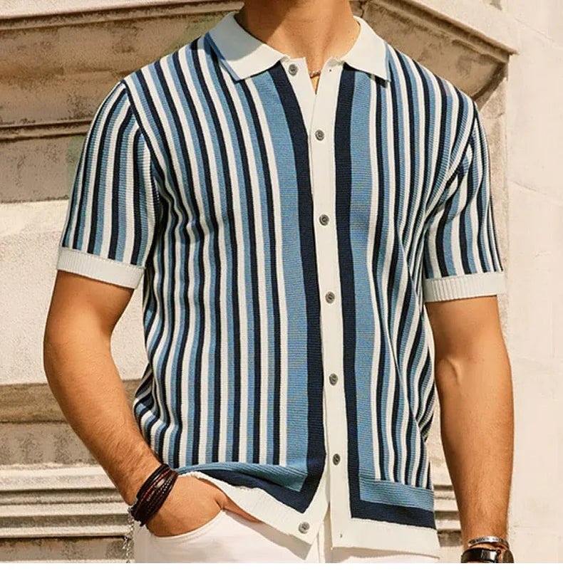 Men's Fashion Luxury Leisure Knit Polo Shirt Striped Button-down Short Sleeve Cardigan Casual Business Knitwear 2025 New Summer