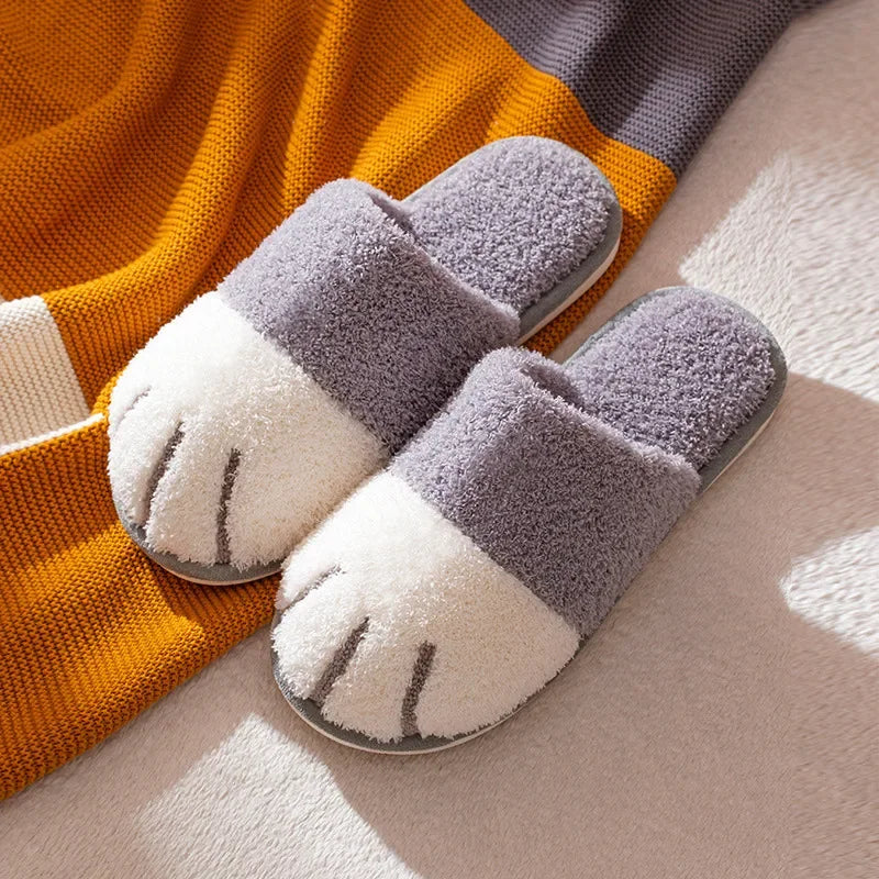 Winter Warm Plush Slippers Cute Cat Paw Designer House Women Fur Slippers Floor Mute Bedroom Lovers Indoor Fluffy Shoes2024