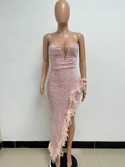 Women Evening Dresses Asymmetrical Shiny Sequins Feather Cocktail Party Dress Sexy Strapless Long Formal Prom Dresses Xiny189