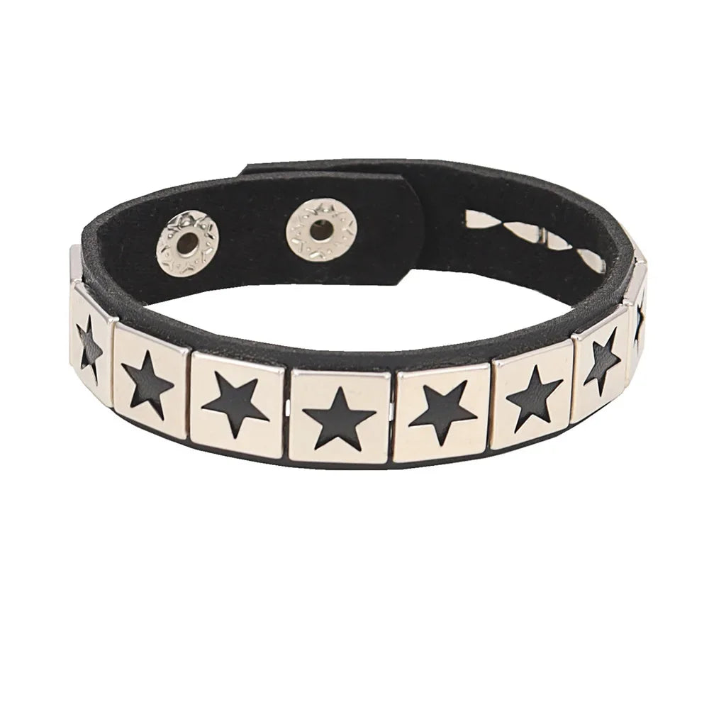 New Punk Fashion Men Black Cuff Leather Bracelet Wristband Metal Rivets Stud Charm Bangle for Women Rock Gothic Jewelry 2024