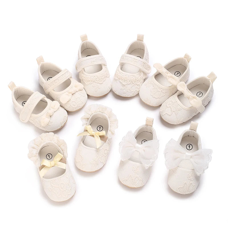 HAIZHIW 0-18 Months Cute White Lace Baby Girl Princess shoes Baby Shoes Bow Fringe Rubber Soled Non-slip Footwear Crib Shoes